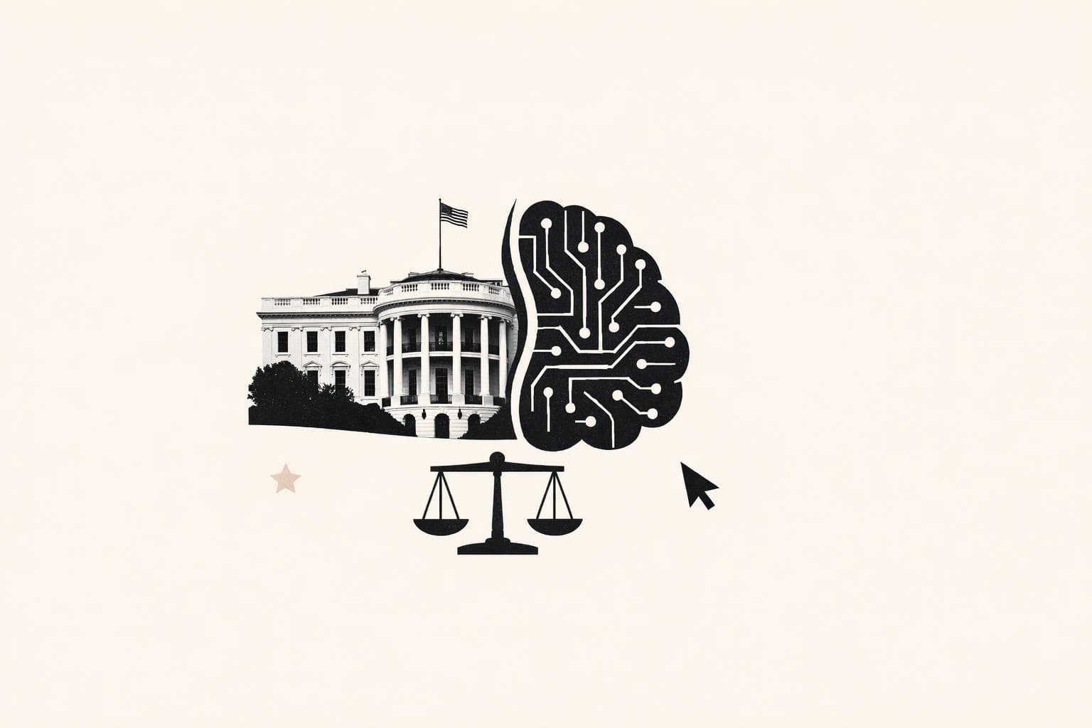 Fachada da Casa Branca com ícones de inteligência artificial sobrepostos