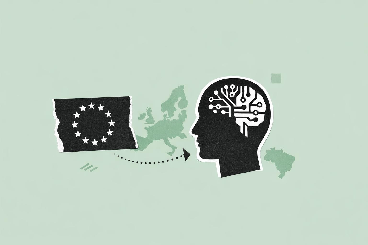 Representação da regulação de IA na União Europeia com bandeira europeia e ícone de inteligência artificial
