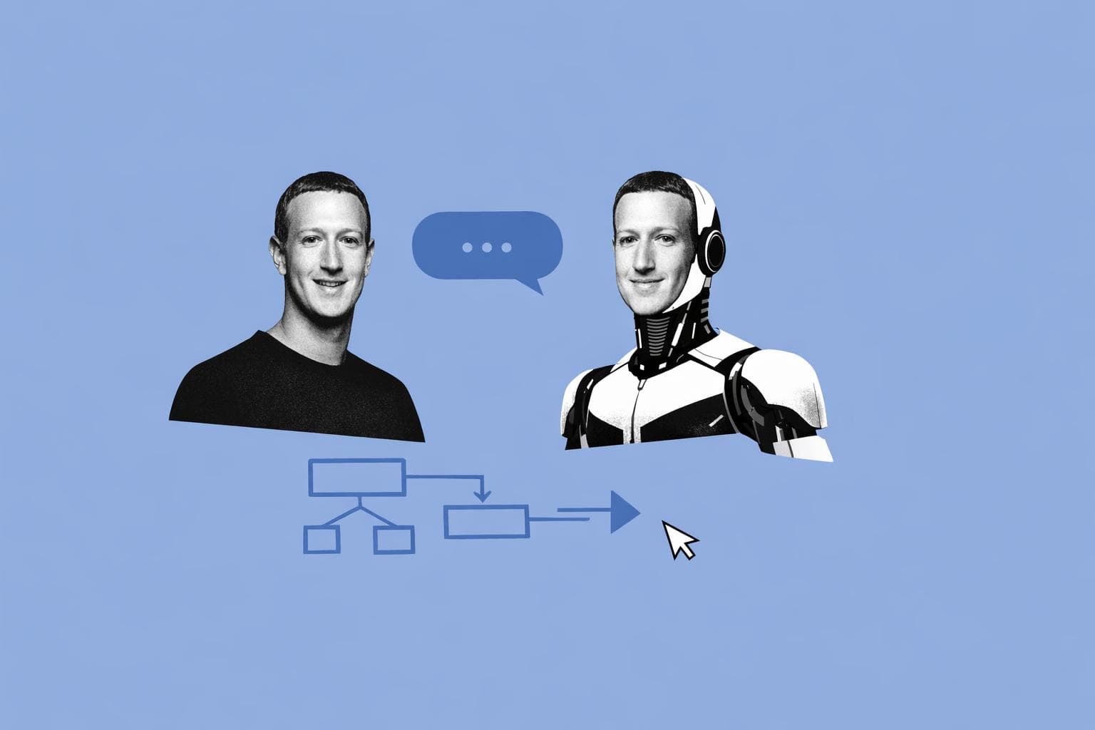 Representação visual de um agente de IA com a identidade de Mark Zuckerberg em um ambiente corporativo